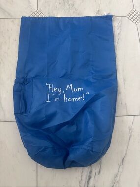Blue Drawstring Laundry Bag with White Script